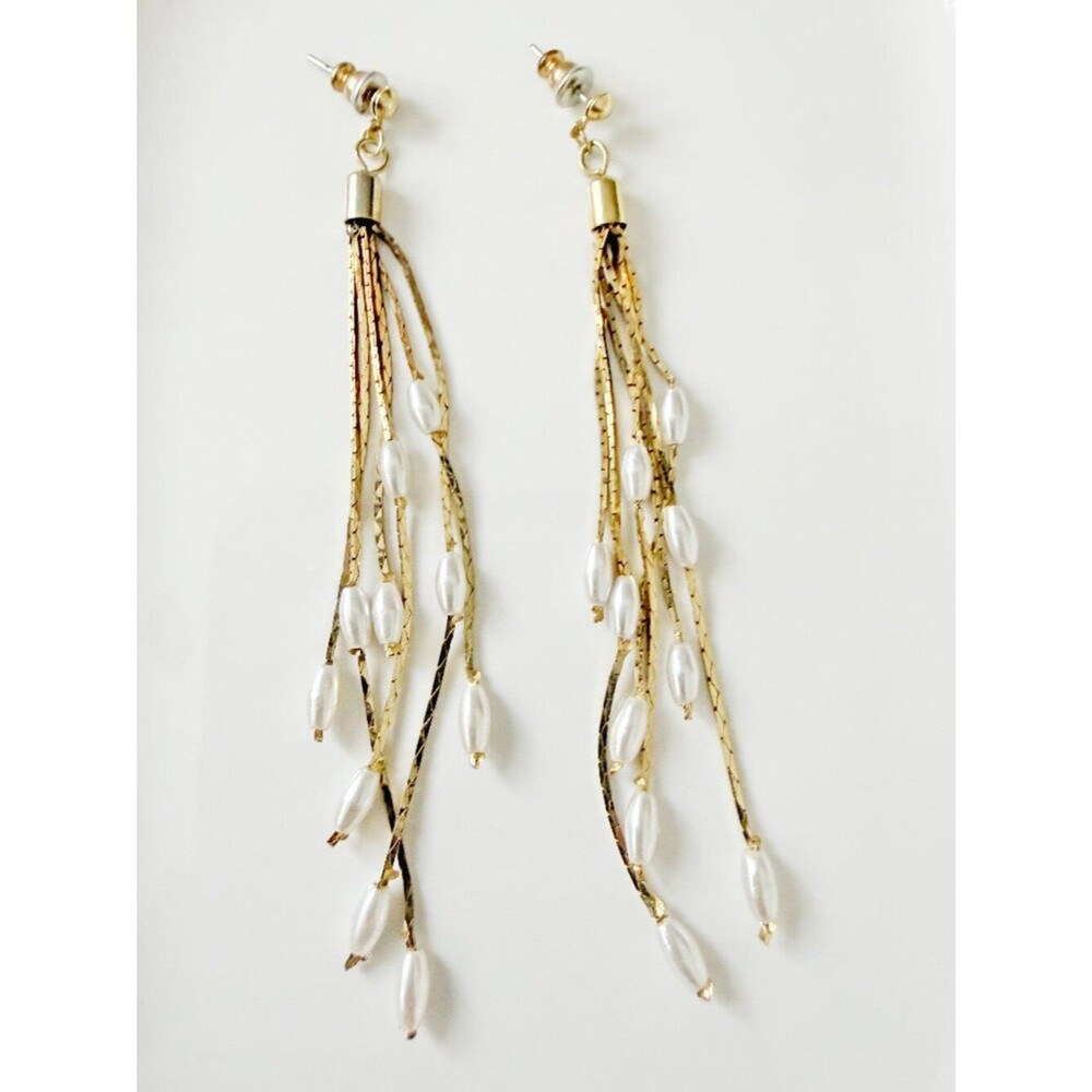 Vintage Gold Tone Waterfall Tassel Dangle Earrings with Faux Pearls